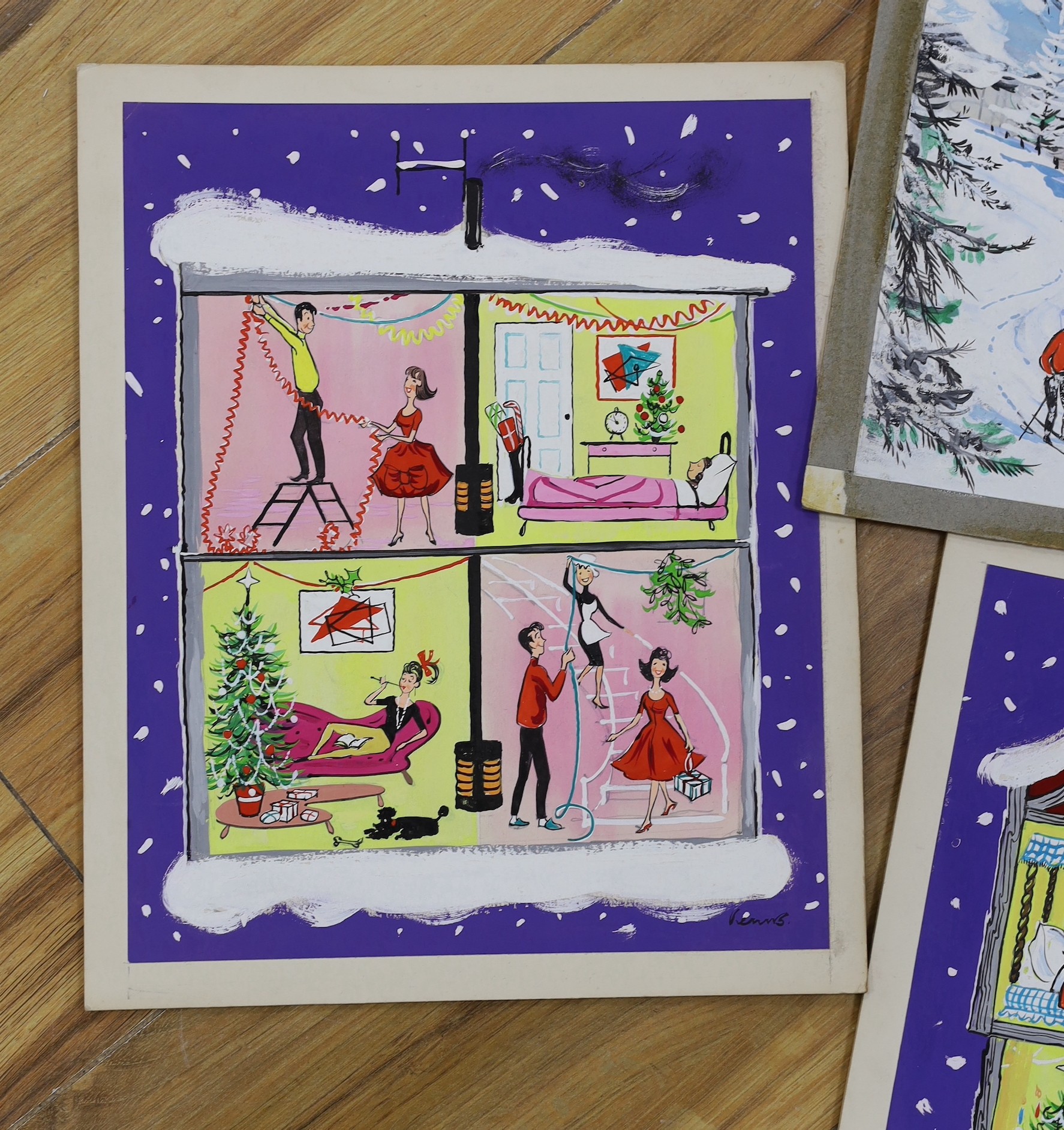 Veronica Venus, five gouaches, Vintage 1950's Christmas card artwork, 22 x 27cm, unframed